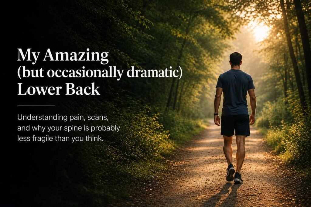 Man walking outdoors as part of lower back pain recovery and mobility improvement