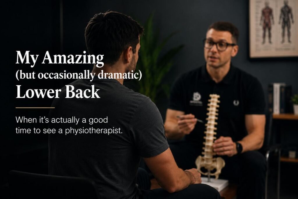 Physiotherapist explaining lower back pain treatment during a patient consultation