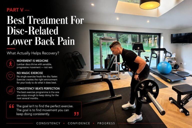 Physiotherapist demonstrating strength training exercises as part of evidence-based treatment for disc-related lower back pain.