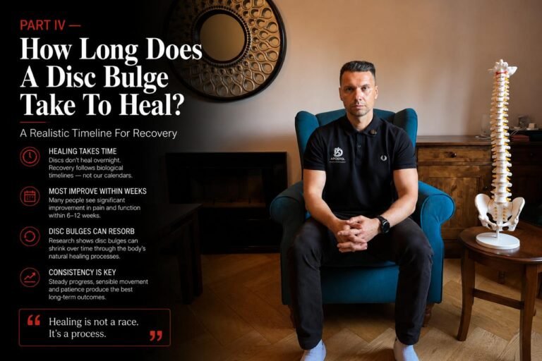 Physiotherapist explaining how long a disc bulge typically takes to heal and what to expect during recovery from disc-related lower back pain.