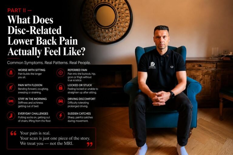 Physiotherapist explaining the common symptoms of disc-related lower back pain, including pain when sitting, bending, stiffness and referred pain.